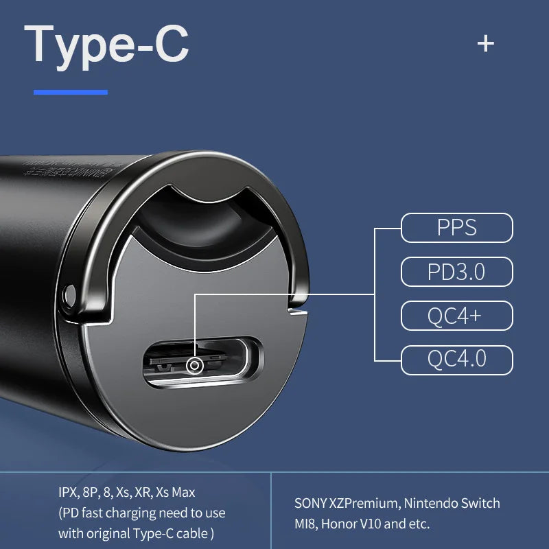 BASEUS 30W USB-C Car Charger – Quick Charge 4.0 & PD 3.0 Fast Charging Adapter