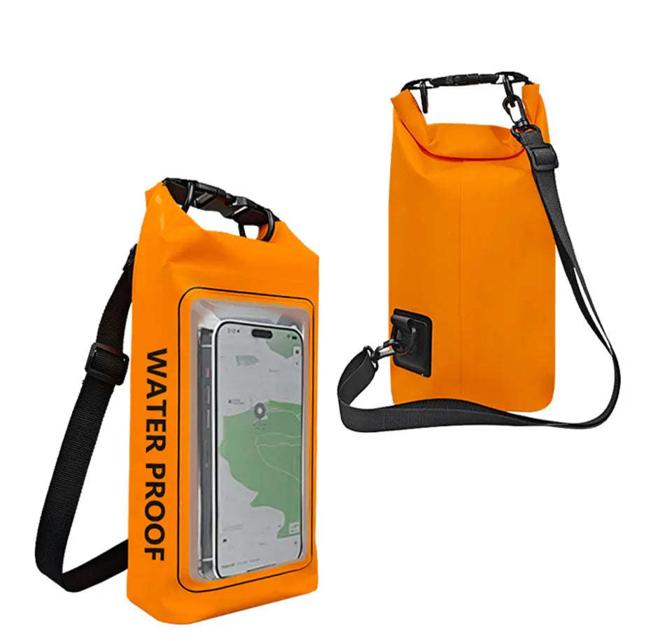 AquaShield PVC Waterproof Dry Bag 2L/5L with touchscreen phone safe for swimming and trekking.