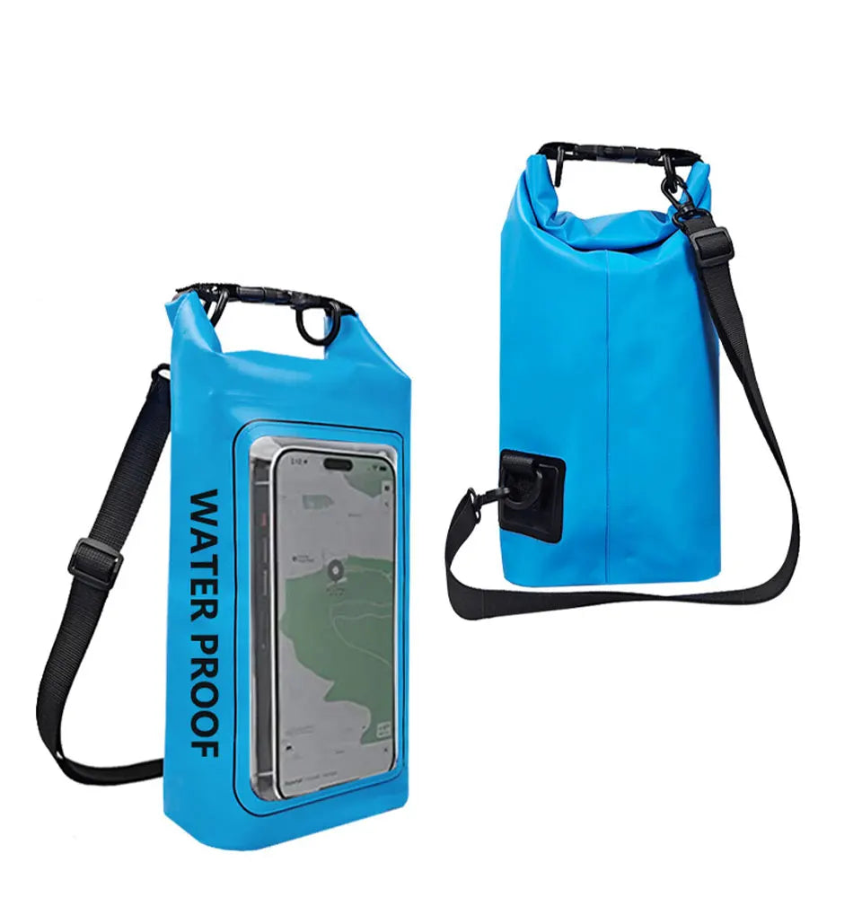 AquaShield PVC Waterproof Dry Bag 2L/5L with touchscreen phone safe for swimming, trekking, and boating.