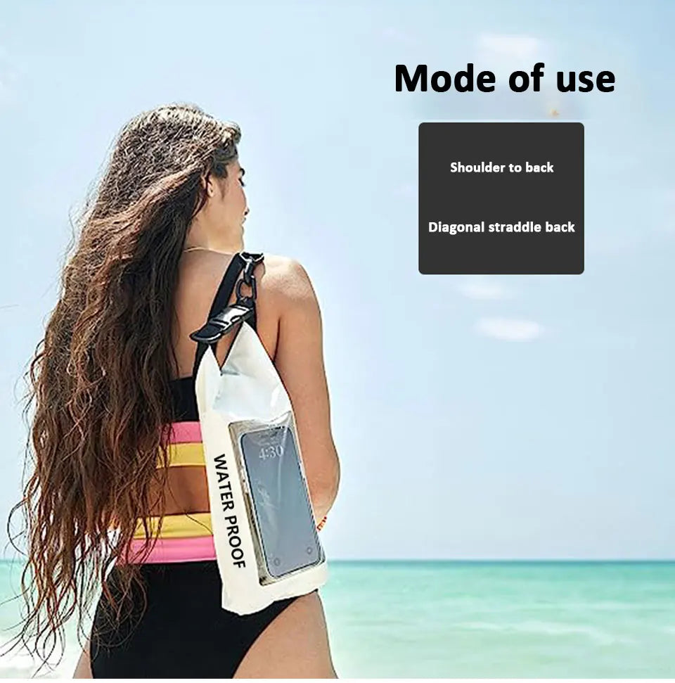 AquaShield PVC Waterproof Dry Bag being used on the beach, demonstrating shoulder and diagonal straddle carrying modes.