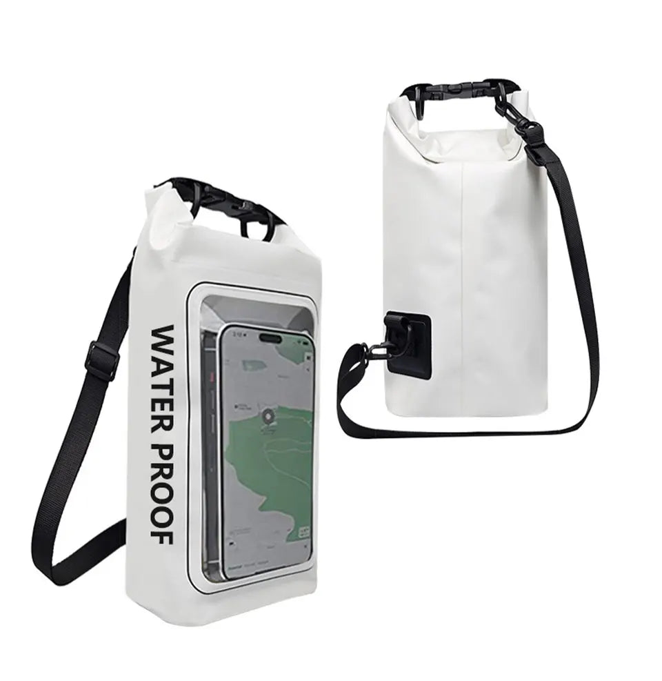 AquaShield PVC Waterproof Dry Bag 2L/5L with touchscreen phone pocket for outdoor activities.