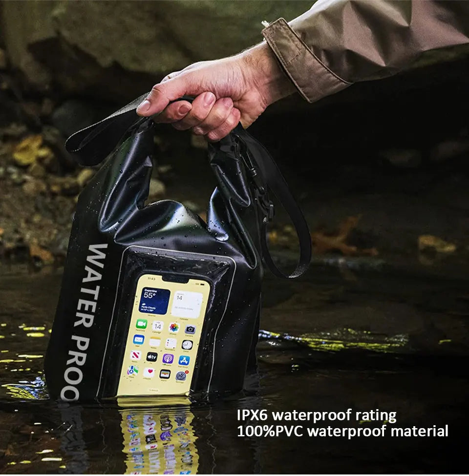 AquaShield PVC Waterproof Dry Bag 2L/5L with touchscreen pocket for safe phone storage during outdoor activities.