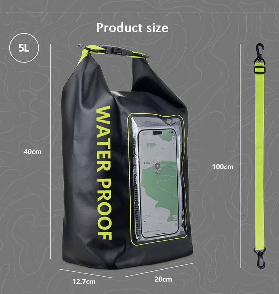 AquaShield PVC Waterproof Dry Bag 5L showing product size dimensions and touchscreen phone safe feature.
