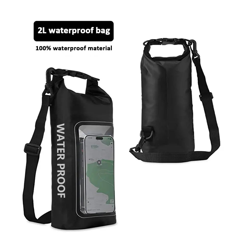 AquaShield PVC Waterproof Dry Bag 2L with touchscreen phone display, ideal for swimming and trekking.