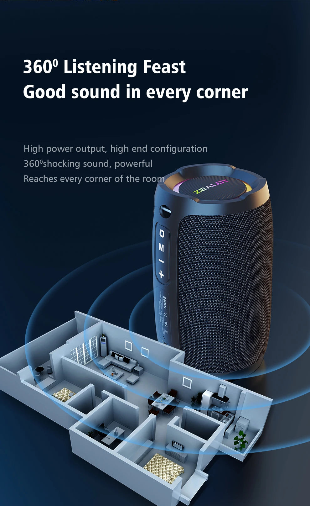 ZEALOT S49 Bluetooth Speaker – 20W Loud Sound, IPX7 Waterproof, 10H Playtime