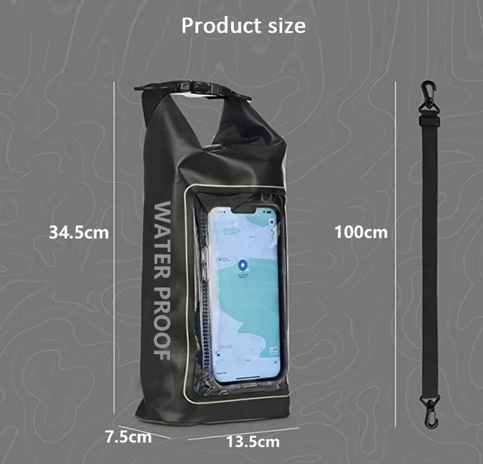 AquaShield PVC Waterproof Dry Bag 2L/5L with touchscreen phone compartment, ideal for swimming and trekking.