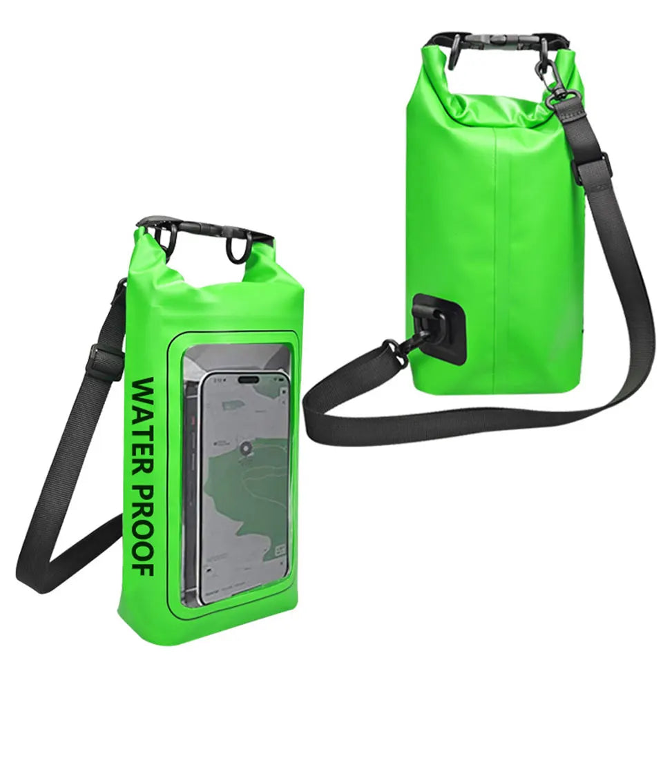 AquaShield PVC Waterproof Dry Bag in bright green color with touchscreen phone pocket and adjustable strap.
