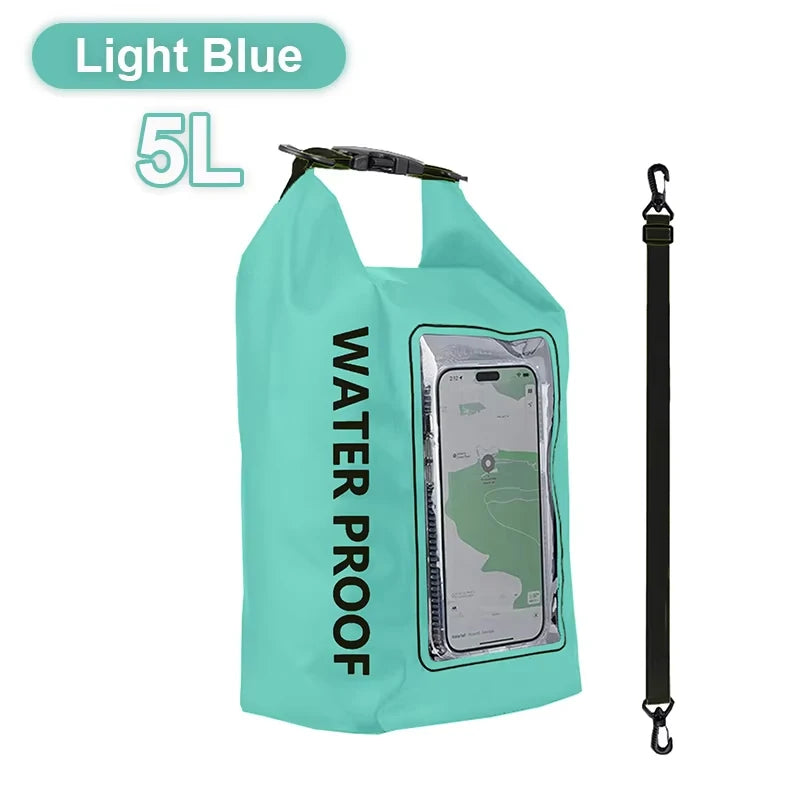 AquaShield PVC Waterproof Dry Bag 5L in Light Blue with touchscreen phone safe feature for swimming and trekking.