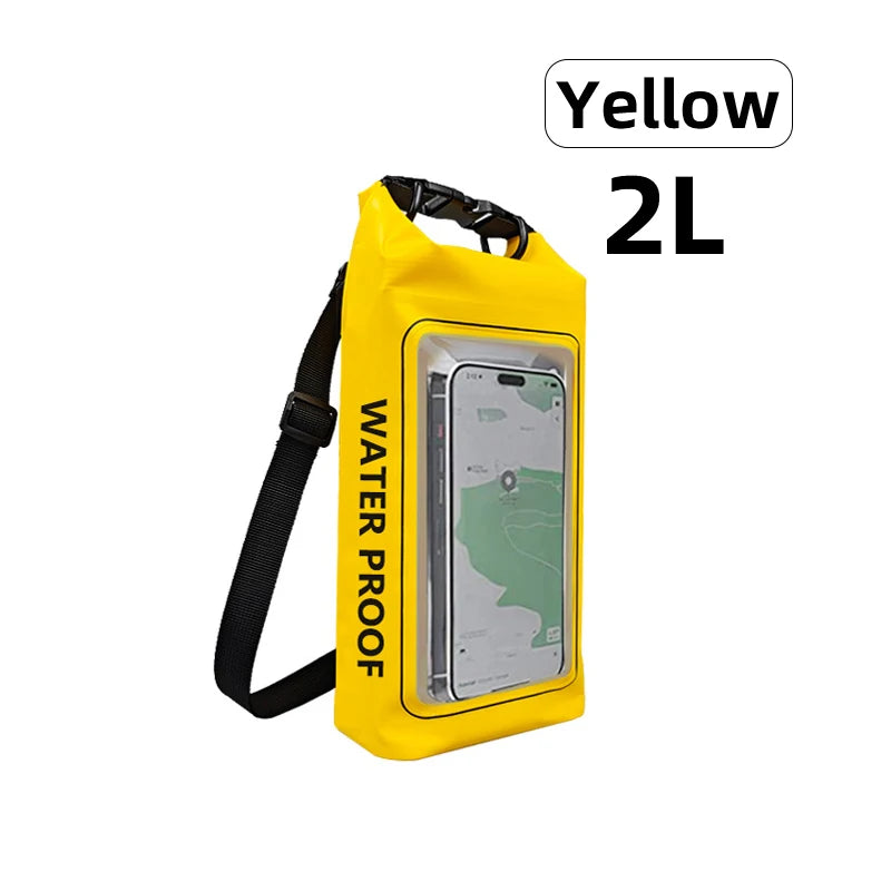 AquaShield PVC Waterproof Dry Bag 2L in yellow with touchscreen phone safe for swimming and trekking.