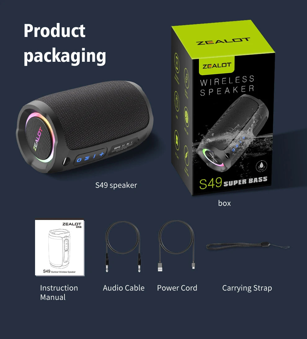 ZEALOT S49 Bluetooth Speaker – 20W Loud Sound, IPX7 Waterproof, 10H Playtime