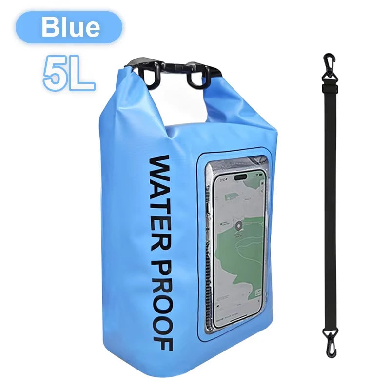 AquaShield PVC Waterproof Dry Bag 5L in blue with touchscreen phone pocket, ideal for swimming and outdoor activities.