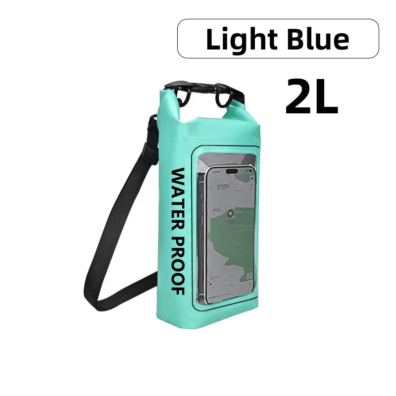 AquaShield PVC Waterproof Dry Bag 2L in Light Blue with touchscreen phone compartment for outdoor activities.