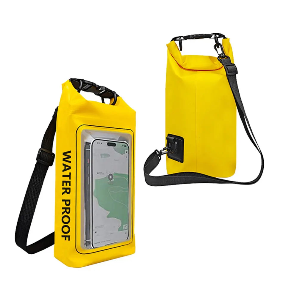 AquaShield PVC Waterproof Dry Bag 2L/5L with touchscreen phone case, ideal for swimming, trekking, and boating.
