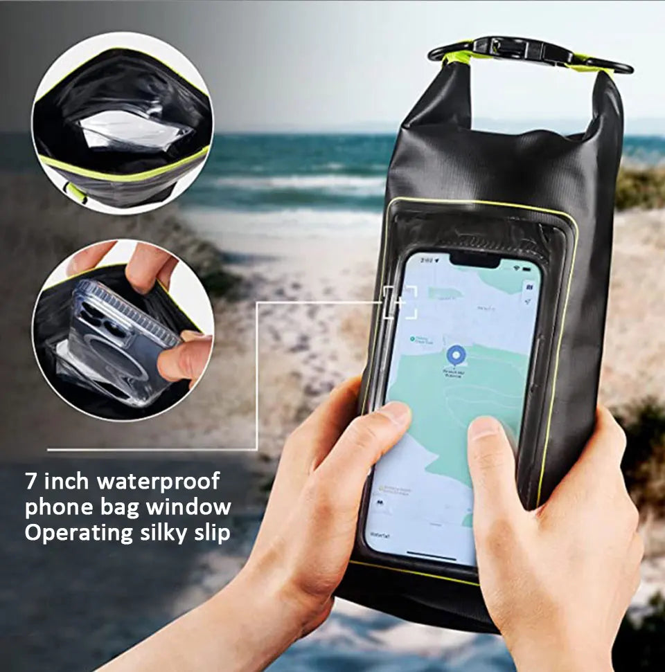 AquaShield PVC Waterproof Dry Bag showing touchscreen phone safe window for outdoor activities like swimming and trekking.