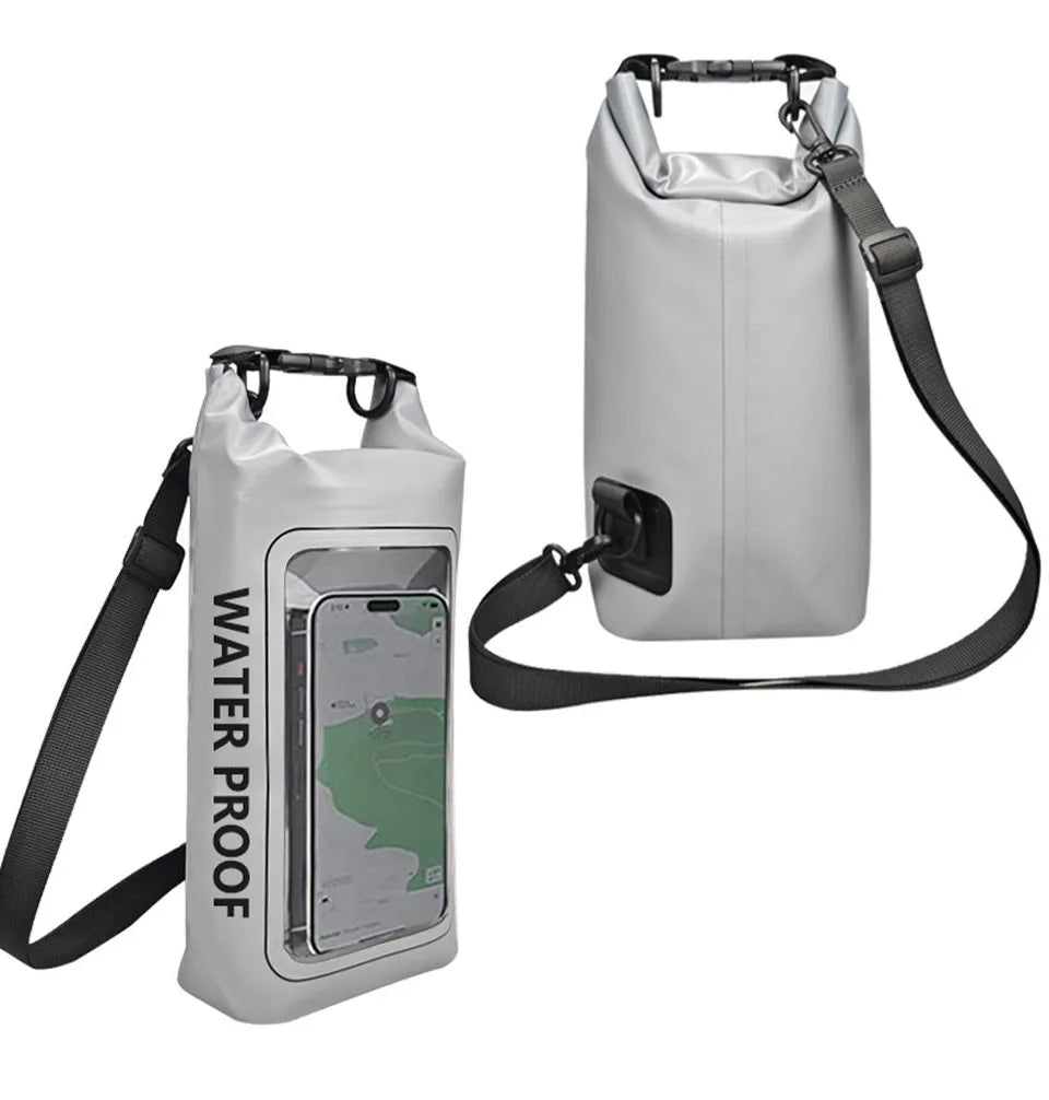 AquaShield PVC Waterproof Dry Bag 2L/5L with touchscreen phone pocket for swimming and trekking.