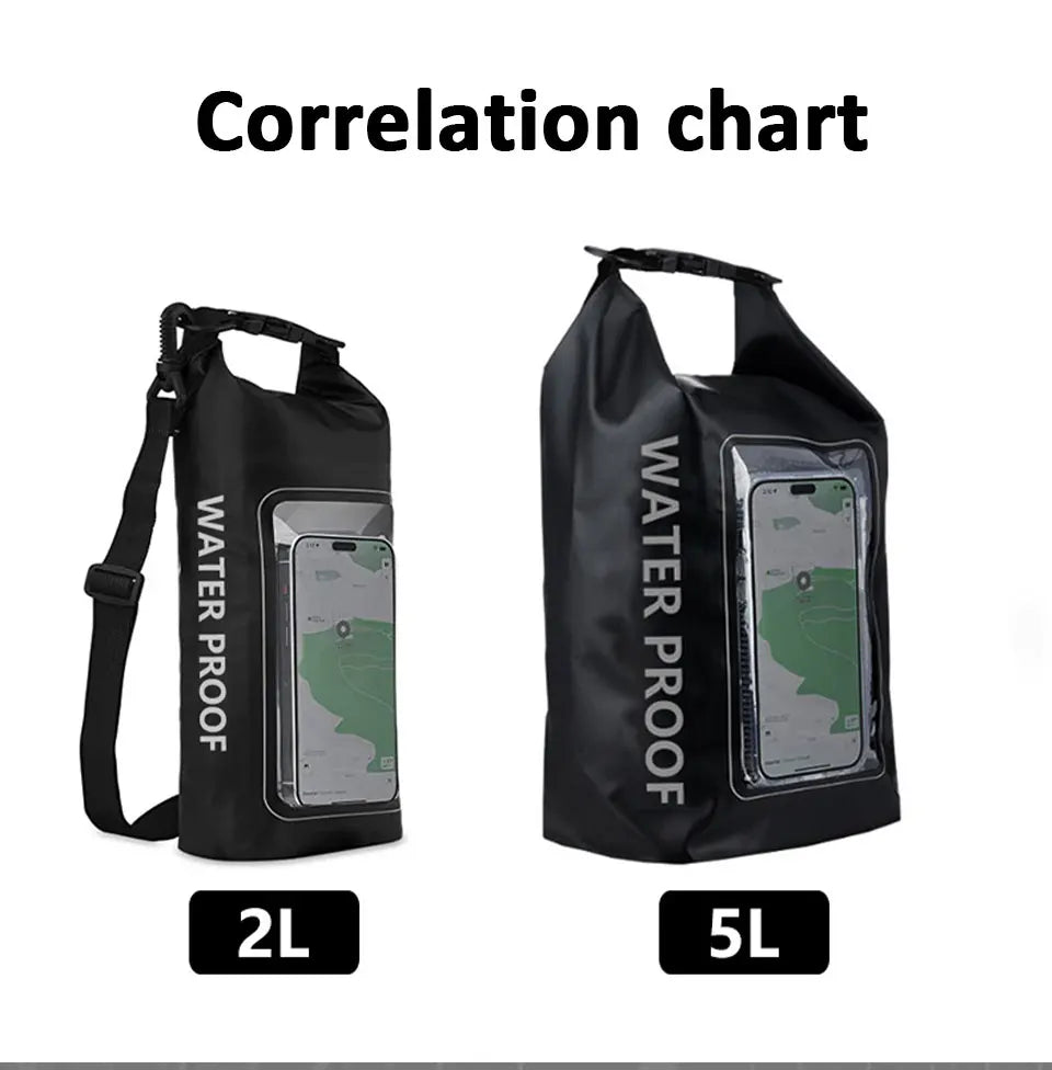 AquaShield PVC Waterproof Dry Bag 2L and 5L with touchscreen phone safe feature, ideal for swimming and trekking.