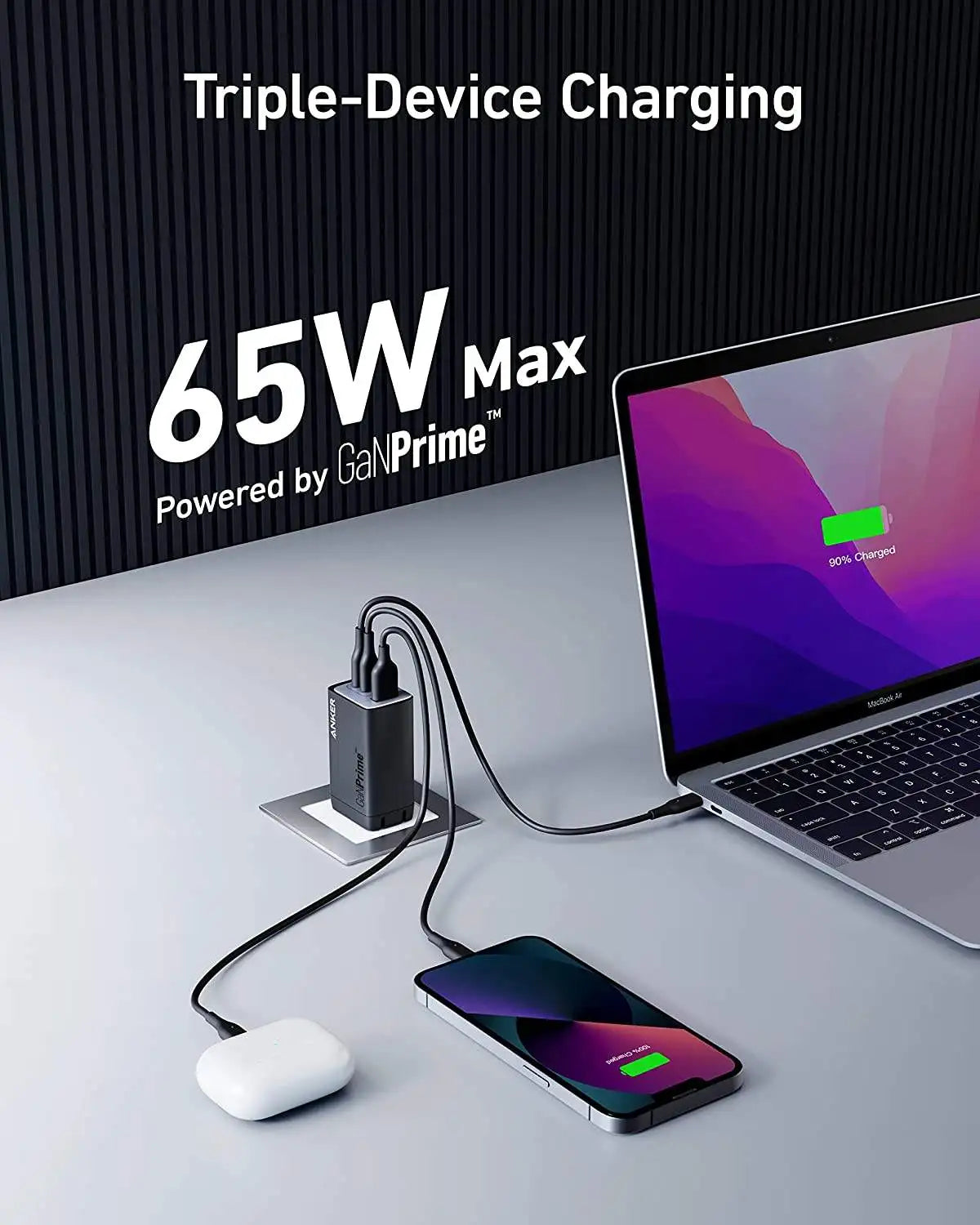  Anker 735 Charger GaNPrime 65W PPPS 3-Port Fast Compact Foldable Wall Compact Foldable Port Fast Charger