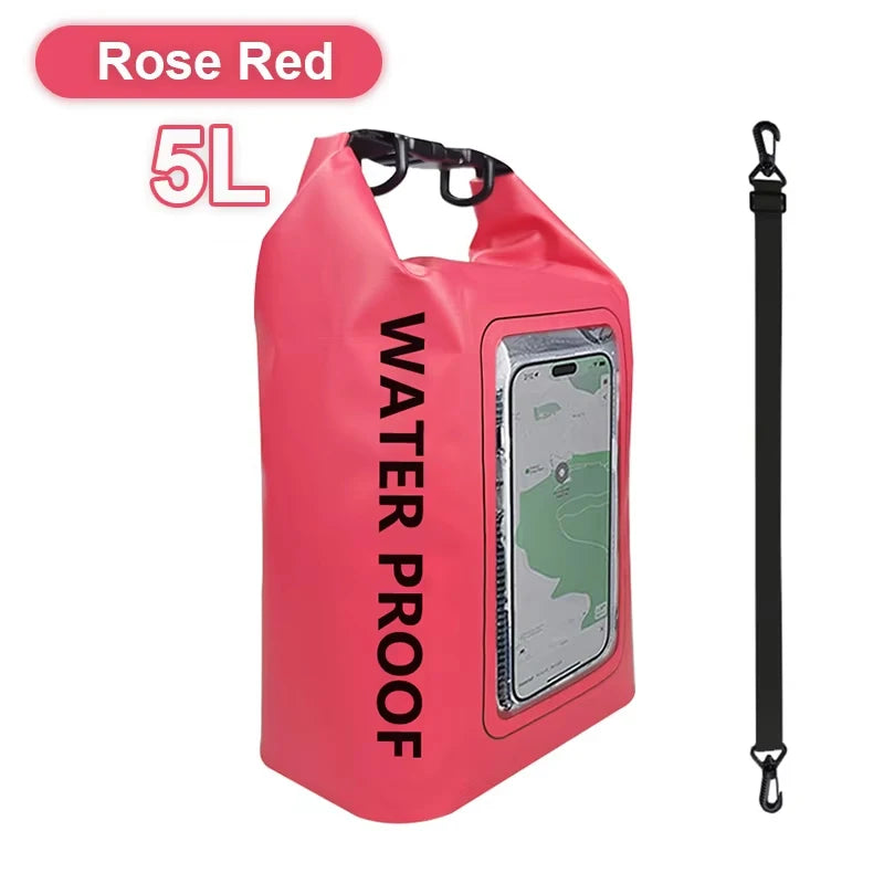 AquaShield PVC Waterproof Dry Bag in Rose Red, 5L, featuring a touchscreen phone pocket for swimming and outdoor activities.