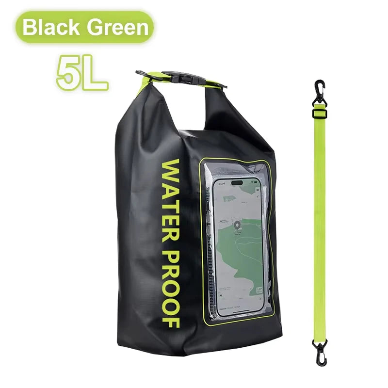 AquaShield PVC Waterproof Dry Bag 5L in black green with touchscreen phone safe pouch for outdoor activities.